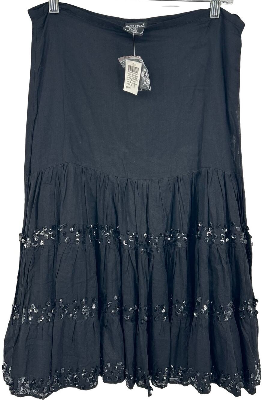 NWT Vintage y2k Women's Black Sequin Wet Seal Flowy Voile Tiered Maxi Skirt Sz M